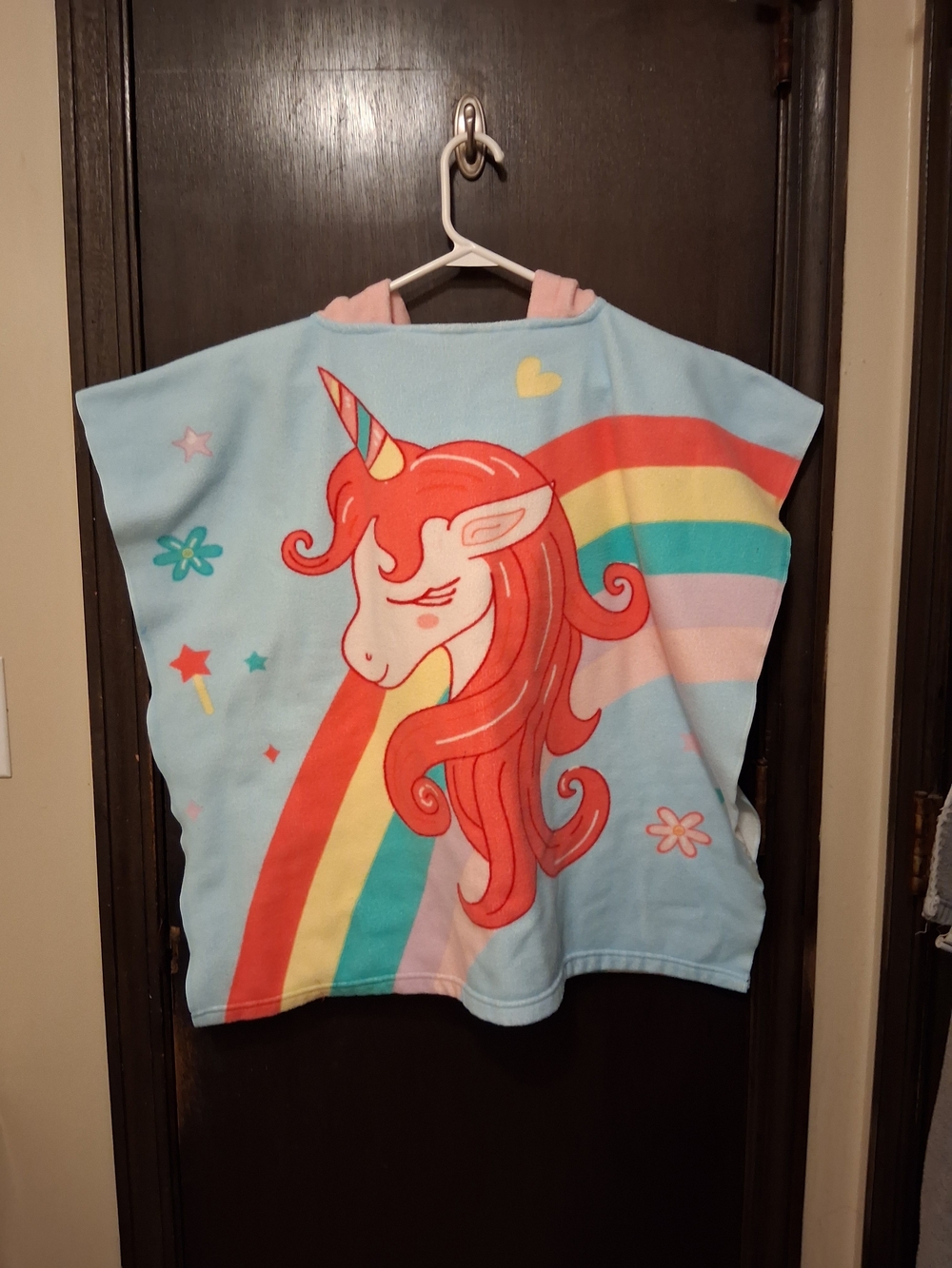 Kids Unicorn Hooded Poncho - Light Blue with Rainbow